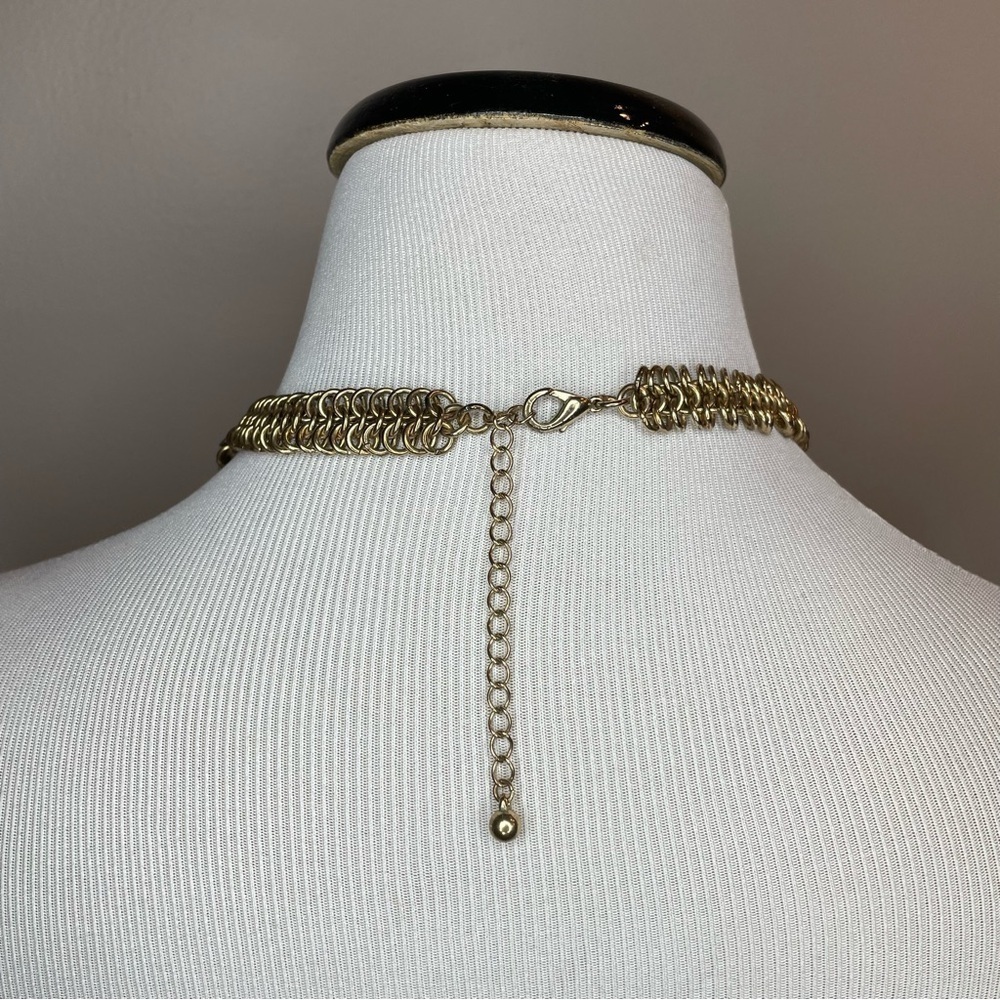 Gold Tone Floral Bib Necklace with Blue and Grey Accent Flowers - Picture 4 of 5